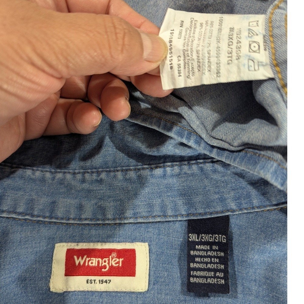 Wrangler Mens‎ 3XL Blue Denim Long Sleeve Button Down Shirt Cotton Stretch - Picture 3 of 8